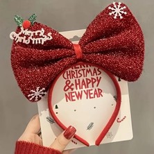 Starseven Noel Yılbaşı Temalı Kırmızı Simli Saç Bandı, 19 cm x 23 Cm, Kar Tanesi Süslemeli