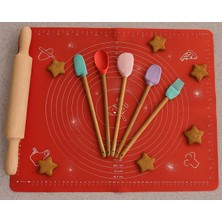 Starseven Büyük Boy Silikon Hamur Matı ile Birlikte Ahşap Saplı 5"li Spatula Seti Kolay Kullanım