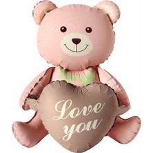 Starseven Love You Yazılı Karamel Kalpli Pembe Oturan Ayı Folyo Balon
