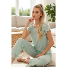 Siyah İnci Yeşil Soft Touch Ince Mevsimlik Dantel Detaylı Örme Pijama TAKIM7864