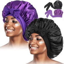Starseven Siyah Kadınlar Için 2 Adet Saten Bonnet, Saten Saç Kravat Bonnet, Kıvırcık Saç Ipeksi Bonnet, Baş E