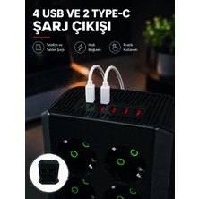 Twin Store 8'li Dikey Çoklu Priz 4 USB 2 Akım Korumalı Anahtarlı Priz
