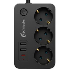 Starseven Techmaster 2 USB + Akım Çocuk Korumalı 3lü Kare Priz 2mt