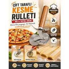 Ufak Tefek Şeyler Ahşap Saplı Paslanmaz Çelik Çift Taraflı Hamur ve Pizza Kesme Ruleti Düz ve Tırtıklı Bıçaklı