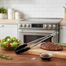 Starseven Deconox 30 cm Silikon Uçlu Metal Saplı Kızartma Servis Maşası - Isıya Dayanıklı Çizmez Kilitli S