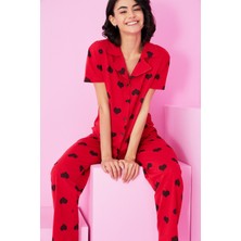 Siyah İnci Kırmızı Siyah Kalp Baskılı Gömlek Yaka Düğmeli Örme Pijama Takım