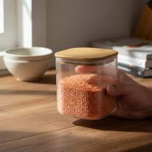 Starseven Deconox Bambu Kapaklı Kare Cam Saklama Kavanozu (10X10 Cm) - Vakum Kapaklı Şeffaf Erzak Kabı Mut