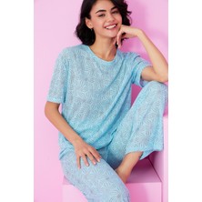 Siyah İnci Mavi Kahve Çiçek Desenli Pointel Ajurlu/delikli Bisiklet Yaka Örme Pijama Takım