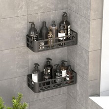 Starseven Deconox 2'li Set Siyah Yapışkanlı Banyo Duş Rafı - 27X12 cm Matkapsız Montaj Şampuanlık Mutfak B