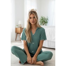 Siyah İnci Mint Yeşili Mevsimlik Ince Fiyonklu Pijama TAKIM7879