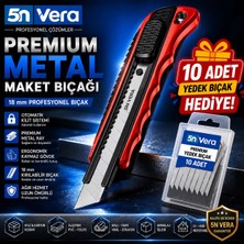 5n Vera Premium Metal Maket Bıçağı 18 mm | Otomatik Kilitli Profesyonel Falçata | Ağır Hizmet Tipi | Ergonomik Gövde | 10 Adet Yedek Bıçak Hediyeli
