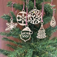 Uravas Store 6 Parça Kırmızı Beyaz Ipli Noel Babalı ve Kar Tanesi Model Ahşap Yılbaşı Ağaç Süsü (5047)