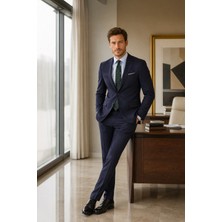 Hatemoğlu Lacivert D. Slim Fit Mono Yaka Desenli Klasik Takım Elbise