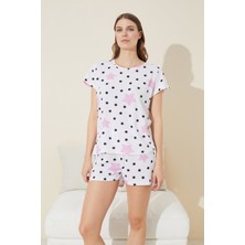 Siyah İnci Beyaz Renkli Yıldız Desenli Örme Şort-Pijama Takım