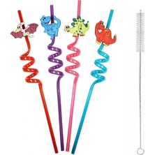 Renas Store 5 Parça Renkli Pipet Seti - Emojili Spiral Kokteyl- Çocuk Pipeti Temizleme Fırçalı