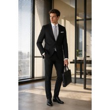 Hatemoğlu Siyah Slim Fit Mono Yaka Desenli Klasik Takım Elbise