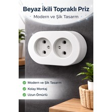 Renas Store Topraklı Sıva Üstü Ikili Set Priz Modern Kırık Beyaz Kolay Kurulum