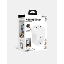 Renas Store Tekli Yüksek Voltaj Korumalı Duvar Prizi 2x Type-C 1x USB Çıkışlı Priz Grup Priz Çoğaltıcı Beyaz