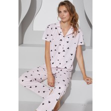 Siyah İnci Pembe Siyah Kalp Desenli Örme Düğmeli Pijama Takım