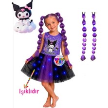 3b Kids Kuromi Kostüm Elbise Işıklı Kostüm Penye Elbise Kuromi Babble Saç Peruk Kostüm Doğum Günü Parti Seti