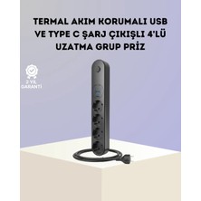 Renas Store Akım Korumalı Çoklu Priz 4’lü 2 USB 1 Type-C 2500W Güçlü Tasarım