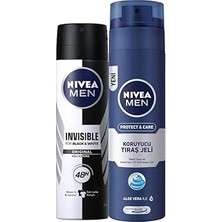 Renas Store Men Erkek Sprey Deodorant Black&amp;white Invisible Original 48 Saat Anti-Perspirant Koruma 150ML ve Men Protect&amp;care Tıraş Jeli 200ML, Kuru Ciltler Için, Pürüzsüz Tıraş