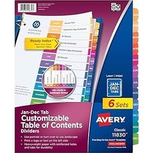 Renas Store Avery 3 Halkalı Kitap Için Aylık Ayraç, Ayarlanabilir Içindekiler, Çok Renkli, 6 Set (11830)
