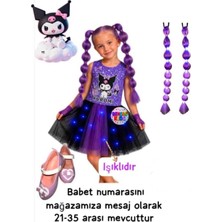 3b Kids Kuromi Işıklı Penye Kostüm Elbise Kuromi Peruk Saç Kuromi Babet Ayakkabı  Seti Doğum Günü Parti