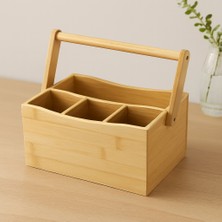 Renas Store Bambu Ahşap Kaşıklık 3+1 Bölmeli Taşıma Kulplu - Tezgah Üstü