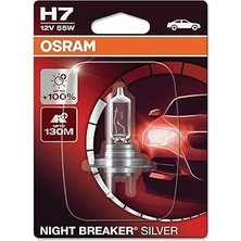 Renas Store Osram H7 Night Breaker Silver Far Ampulü, 12V 55W,%100 Daha Fazla Işık, 130M Mesafe