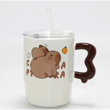 Renas Store Sevimli Capybara Figürlü Kapaklı Porselen Kupa Bardak ALK5040