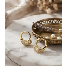 Stainless Steel 316L Çelik Gold Renk Zirkon Taşlı Küpe