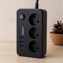 Renas Store Anahtarlı Termal Korumalı 3'lü Priz + 3xusb 2.1A 2m Uzatma Kablosu Siyah