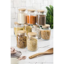 Renas Store 9 Lu Set Bambu Kapaklı Cam Kavanoz & Erzak Saklama Kabı 800 ml Orta Boy ( Vakum Kapak )