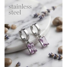 Stainless Steel 316L Çelik Gümüş Renk Pembe Kare Model Küpe