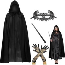 Renas Store 120 cm Kapüşonlu Siyah Pelerin + Asa + Dantel Maske + Uzun Dantel Siyah Eldiven Kostüm Seti