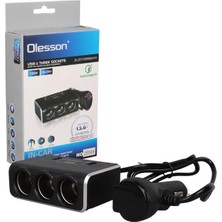 Renas Store Olesson 1639 12-24V 3lü Çift Usbli 120W 80CM Kablolu Dijital Ekranlı Araç Çakmak Çoklayıcı
