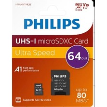 Renas Store Philips FM64MP45B/00 64GB CLASS10 Uhs-I U1 Tf Adaptörlü Micro Sdxc Hafıza Kartı