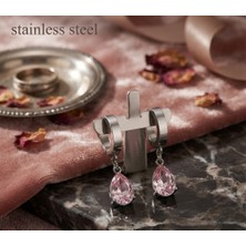 Stainless Steel 316L Çelik Gümüş Renk Pembe Damla Model Küpe