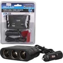 Renas Store Olesson 2013 12-24V Type-C + USB Girişli 120W 80 cm Kablolu 3'lü Araç Çakmak Çoklayıcı