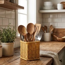 Renas Store Kare Hasır Dokulu Plastik Rattan Kaşıklık &amp;amp; Çatallık – Askılı Kendiliğinden Tutmalı Çok Amaçlı Mutfak Organizeri (5047)