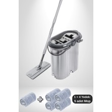 Flora Trio Tablet Mop Seti 14 Lt Gri, 3 Hazneli Yıkama Durulama Kurulama Temizlik Seti + 4 Mikrofiber Mop
