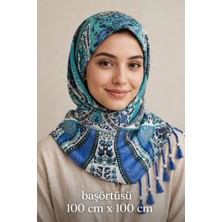 Huzurlu İpek Başörtüsü Mavi Yesil Beyaz Desenli Ince Kaliteli Ince Yazlık 1 Adet Kaliteli Kullanışlı Güzel Şık ( Edadı : 100 cm x 100 cm )