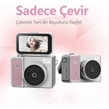 Renas Store 2k Mini Dijital Retro Video Kamera Flaşlı Dijital Vlog Mini Fotoğraf Makinesi Türkçe Menü Bej