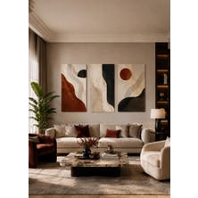 Zera Wall Mdf Tablo 3’lü Bej, Siyah ve Kiremit Tonlu Soyut Geometrik Set – Modern Salon ve Ofis Duvar