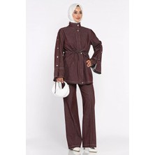 Julude Ön Fermuarlı ve Düğmeli Bel Bağlamalı Jean Kot Ceket Pantolon Tesettür Ikili Takım P-00022681