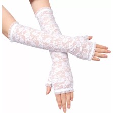 Renas Store Uzun Zarif Dantel Eldiven Parmaksız Beyaz 35 cm
