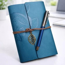 Renas Store Yaprak Desenli Deri Defter ve Lacivert Metal Roller Kalem Seti