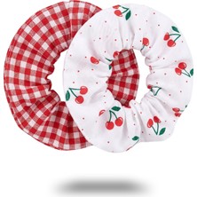 Sumicorn Design 2'li Kiraz Desenli & Pötikare Kumaş Scrunchie Saç Tokası Seti – Saçı Iz Yapmayan Esnek Lastik Toka, Sevimli Kadın ve Çocuk Saç Aksesuarı (Kırmızı)