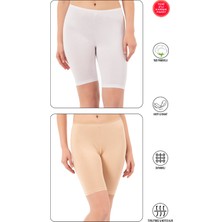 Özkan Underwear Özkan 0413 2'li Paket Kadın %95 Pamuklu Likralı Süprem Kumaş Beyaz Ten Karışık Renk Esnek Rahat Yumuşak Diz Üstü Toparlayıcı Yüksek Bel Kısa Tayt